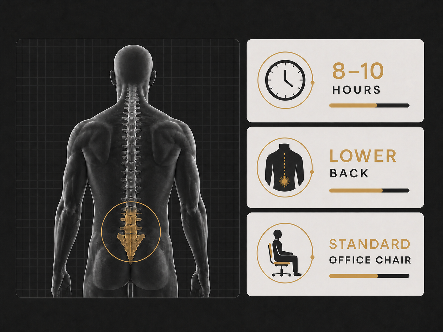 Personalised sitting assessment summary showing sitting duration, lower-back focus, and current chair
