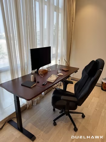 Ethan's Duelhawk Ultra 2 chair at his standing desk